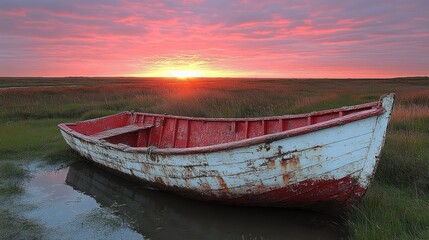 Obraz premium Old boat at sunset, tranquil scene