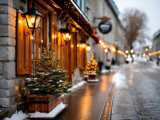 Festive Streetscape Warm Glow in Snowy Town