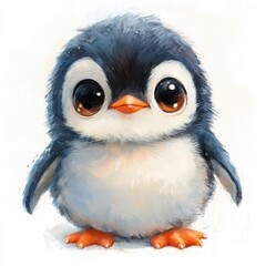 Adorable Baby Penguin Illustration Digital Painting with Large Eyes and Fluffy Feathers