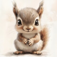 Obraz premium Adorable Baby Squirrel Illustration Digital Painting Light Brown Fur Big Eyes Soft Features Beige Background