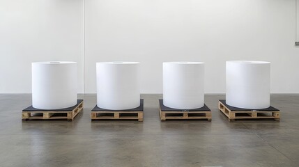 Bright white rolls of finished paper stacked neatly on factory pallets