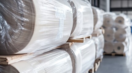 Bulk paper rolls tightly wrapped in protective film for distribution