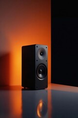 A sleek black speaker rests against a contrasting dark and warm-toned wall, illuminated by a soft orange glow, creating a captivating visual of modern audio equipment.