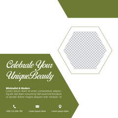 Minimalist Beauty Salon Template Design With Hexagon Photo Frame And Green Accents