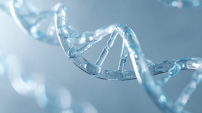 A close-up of a DNA double helix with water droplets, highlighting its intricate molecular structure. The image visually represents the complexity and beauty of genetic material.