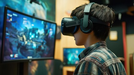 A young person uses a virtual reality headset while looking at a game on a screen.