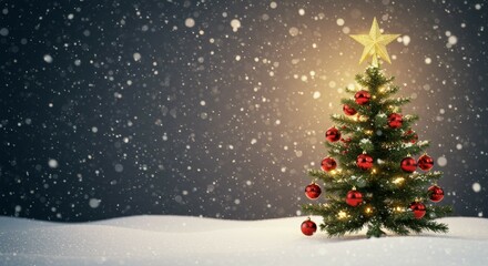 Decorated Christmas Tree in Snow with Falling Snowflakes