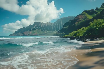 Ocean Waves Crashing on Sandy Beach near Majestic Coastal Cliffs under a Blue Sky with Fluffy Clouds: A Tropical Paradise Landscape of Serenity and Tranquility, Showing Breathtaking Natural Beauty