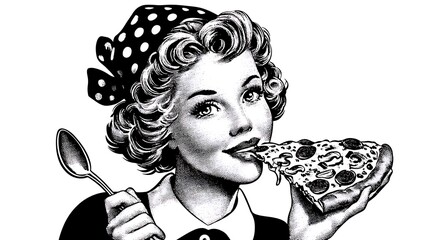 Retro Woman Enjoying Delicious Pizza Slice.