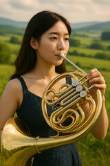 She is playing French horn near the field, generative ai