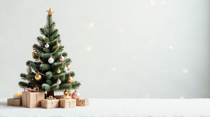Obraz premium A Festive Winter Scene Featuring a Decorated Miniature Christmas Tree with Presents and Candles on a Snowy Surface