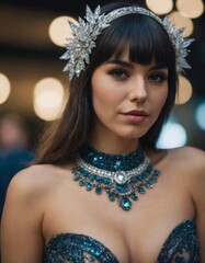 Beautiful woman in sparkling costume with elegant accessories during an evening event in a festive urban setting
