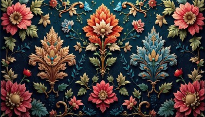 Intricate damask-style floral, rich jewel tones, baroque feel, home decor, repeating pattern, leaves