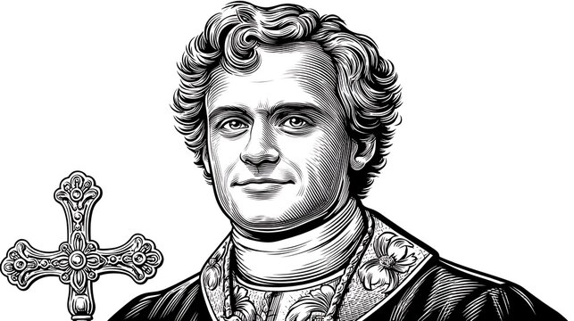 Saint John Vianney Ink Portrait with Priest, Cross, and Faith.