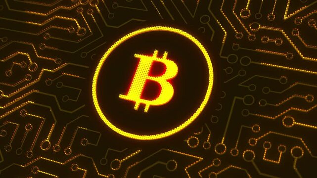 digital cryptocurrency bitcoin glowing circuit board flow 4k animation