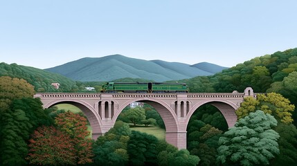 Scenic Train Journey Mountains with Viaduct, and Summer.