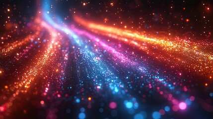 Obraz premium A vibrant display of colorful lights and glowing particles creating an enchanting and energetic cosmic pathway in a digital universe