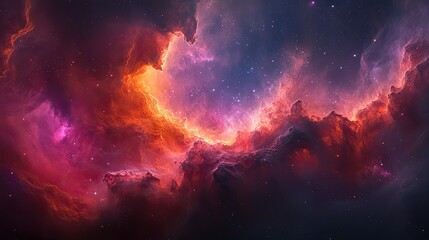 Fototapeta premium Stunning cosmic nebula illuminated by vibrant orange and purple hues amidst a starry night sky in deep space