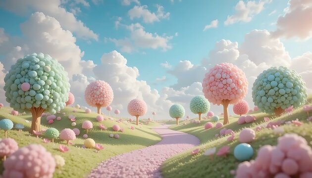 Whimsical landscape showcases pastel lollipop trees alongside a soft pink path under cloudy skies