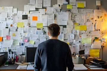 startup owner working on branding strategy, desk filled with documents, stock photo style, realistic,
