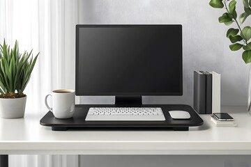 office desk setup with digital tools, coffee mug, smartphone, organized space, stock photo style, realistic,
