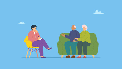 Vector illustration of sad and worried senior, elderly couple having a consultation. Psychology consultation concept.