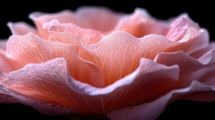 Delicate close-up of a soft pink flower showcasing intricate petal details against a contrasting black background
