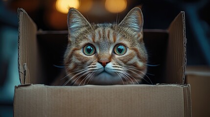 Curious domestic cat peering out from a cardboard box in a cozy, softly lit environment, adding a playful touch to home decor