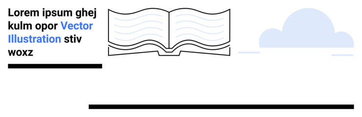 Open book with stylized lines, minimal cloud illustration, and placeholder text. Ideal for education, literature, reading, creativity, inspiration, storytelling and simple landing page
