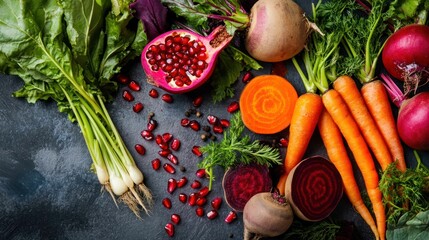 Colorful fresh vegetables, beetroot, carrots and pomegranate on dark background.