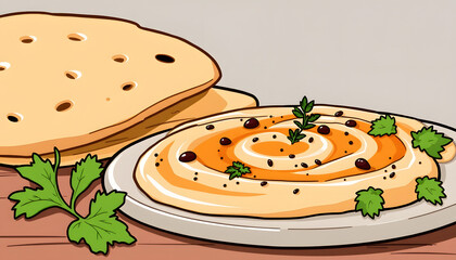 Hummus with flatbread. with white shades