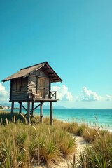 Secluded Wooden Beach House on Stilts, Coastal Grass Path Leading to Tranquil Ocean View