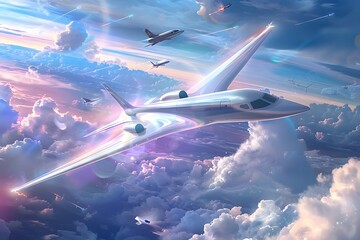 Naklejka premium Luxury Jet Soars Through Dreamlike Skies Above Fluffy Clouds, Multiple Aircraft Fly in Formation, Majestic Aerial View: A Flight of Fantasy.