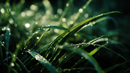 A close up of freshly cut grass with dew drops, showcasing the rude green desktop