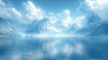 Serene mountain lake landscape, sunlit peaks, tranquil water