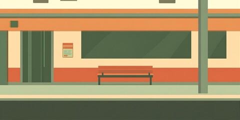 Minimalist Train Station Platform Illustration Flat Design Orange Beige Green