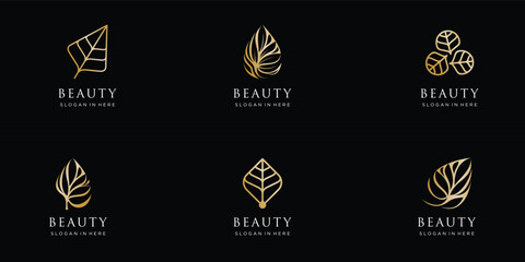 Simple golden elegant ornament leaf flower  , Abstract beauty luxury floral logo and icon set design collection.