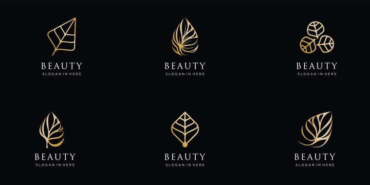 Simple golden elegant ornament leaf flower  , Abstract beauty luxury floral logo and icon set design collection.