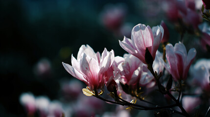 A close up of pink and white-hot magnolia bloom blooming in the spring.