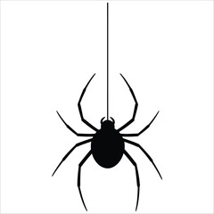 Silhouette of a spider suspended by a thread. The spider has a rounded body and eight elongated legs, with a symmetrical arrangement. 