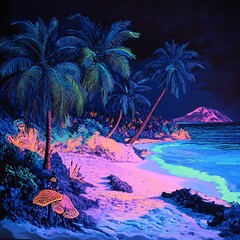 Neon Tropical Beach Night Landscape Glowing Palms Island Volcano