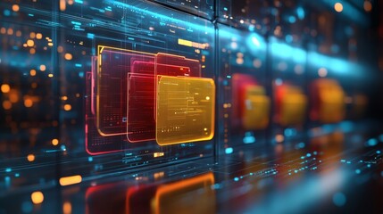 Obraz premium Abstract network grid with files and folders, futuristic software interface, digital document management system, store, search and organize documents, corporate business, paperless office, 