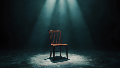 The spotlight shines down on an empty chair in a dark room, evoking an air of mystery and interrogation
