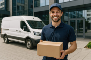 Livreur souriant avec colis devant fourgonnette blanche en ville