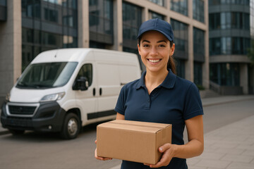 Livreur souriant avec colis devant fourgonnette blanche en ville