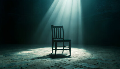 The spotlight shines down on an empty chair in a dark room, evoking an air of mystery and interrogation