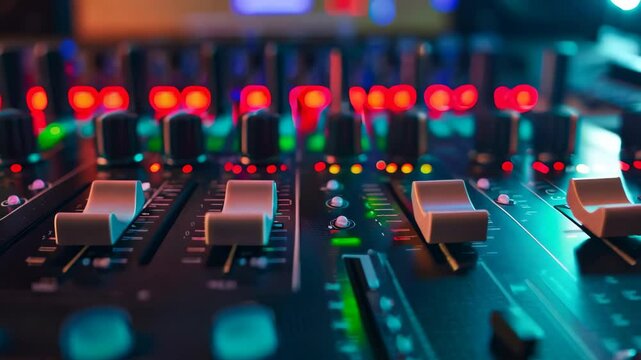 Close-up of an audio mixer with colorful lights and adjustable controls, showcasing modern technology in a studio setting for music production and sound engineering.
