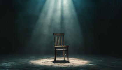 The spotlight shines down on an empty chair in a dark room, evoking an air of mystery and interrogation