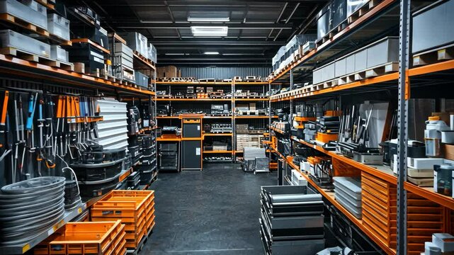Well-organized industrial warehouse stocked with parts and tools