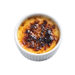 Overhead shot showcases a delicious creme brulee dessert, featu a perfectly caramelized sugar crust, presented in a classic white ramekin for a delightful treat.
